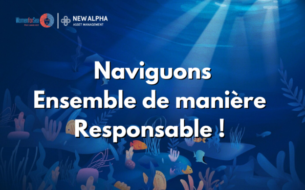 Fond bleu du milieu marin avec logo "newalpha et WomenForSea" avec texte " Naviguons ensemble de manière responsable